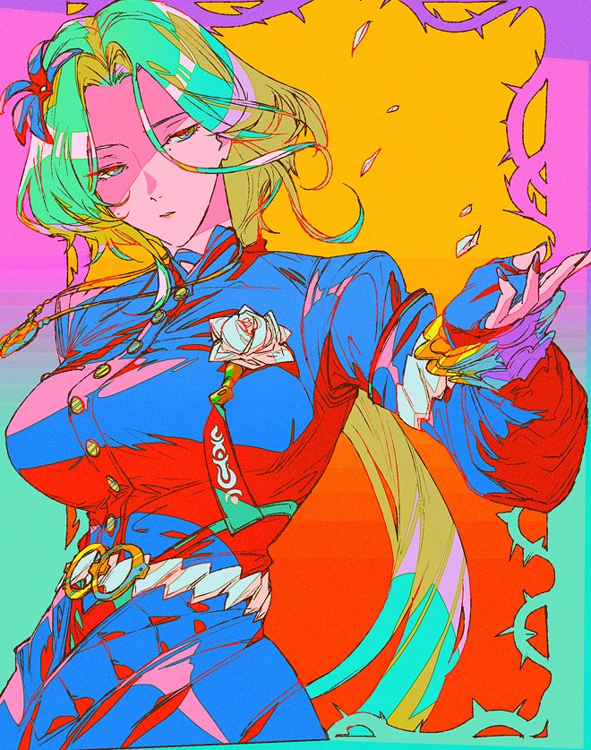 mizu cx, isolde (zenless zone zero), zenless zone zero, 1girl, aqua hair, belt, black dress, boutonniere, breasts, buttons, cowboy shot, dress, fingerless gloves, flower, gloves, green eyes, hair flower, hair ornament, jewelry, large breasts, long hair, long sleeves, looking at viewer, mole, mole on cheek, nail polish, necklace, offering hand, petals, rose, rose petals, solo, thorns, white flower, white rose