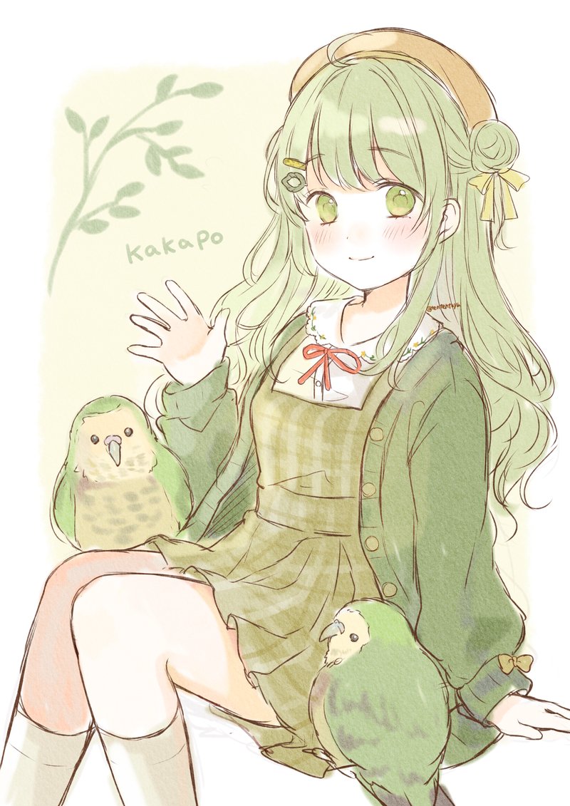 tententuyu, original, 1girl, ahoge, animal, animal name, beret, bird, blush, border, bow, brown hat, buttons, cardigan, closed mouth, dress, dress shirt, feet out of frame, green background, green bird, green bow, green cardigan, green dress, green eyes, green hair, green socks, green theme, hair bow, hair bun, hat, invisible chair, kakapo, kneehighs, knees together feet apart, long hair, long sleeves, looking at viewer, open cardigan, open clothes, pinafore dress, plaid clothes, plaid dress, puffy long sleeves, puffy sleeves, red ribbon, ribbon, shirt, short dress, single side bun, sitting, sketch, sleeve bow, sleeveless, sleeveless dress, smile, socks, solo, twitter username, waving, wavy hair, white border, white shirt