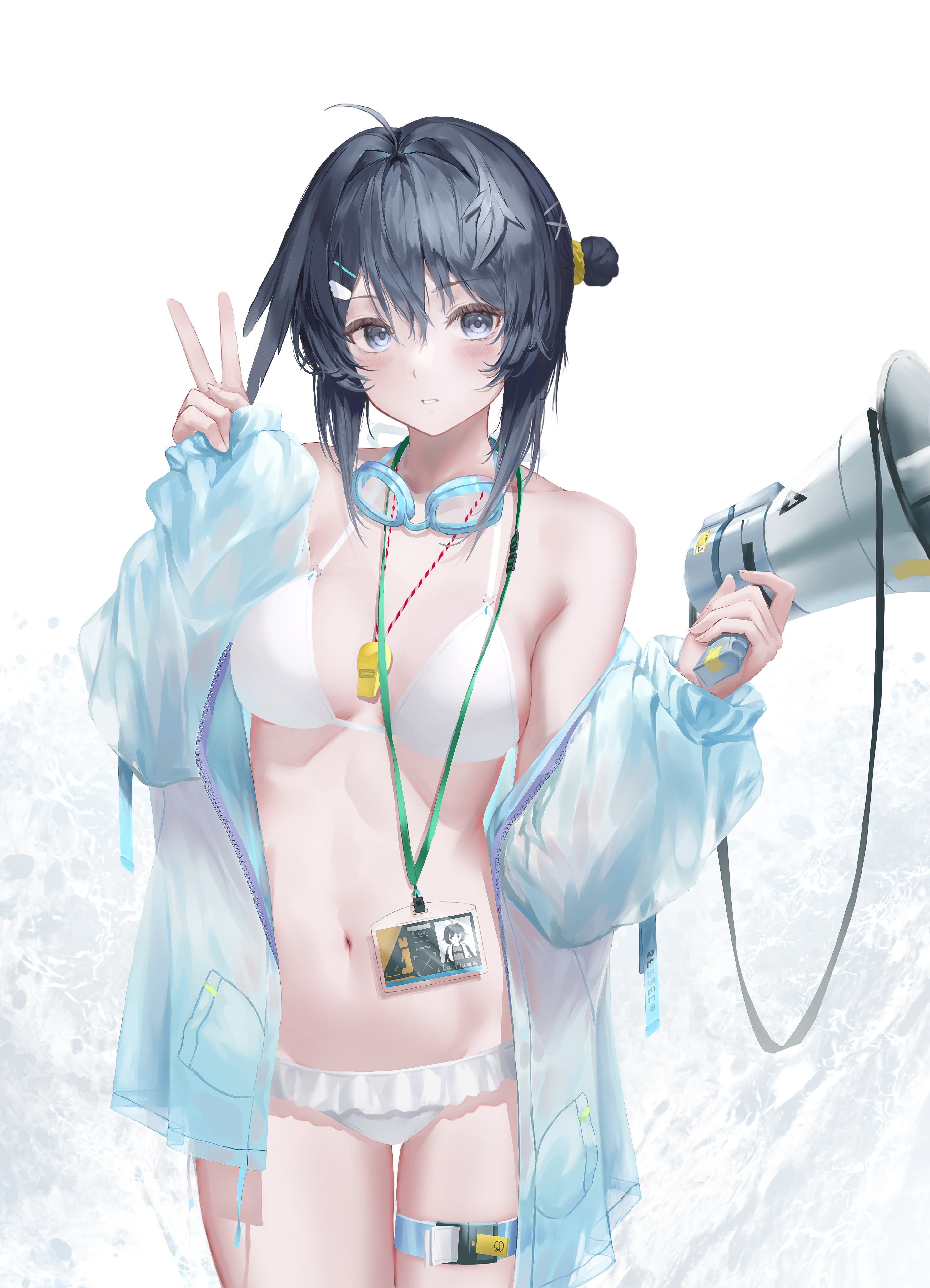 ressec, la pluma (arknights), la pluma (summer flowers) (arknights), arknights, absurdres, highres, 1girl, bikini, black eyes, black hair, blue jacket, breasts, frilled bikini, frills, goggles, goggles around neck, hair intakes, holding, holding megaphone, id card, jacket, medium breasts, megaphone, navel, official alternate costume, open clothes, open jacket, parted lips, short hair, solo, swimsuit, thigh strap, v, white bikini