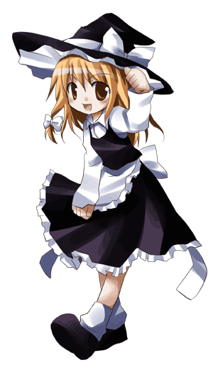 dorua (dollar), kirisame marisa, touhou, eyebrows, 1girl, :d, apron, black hat, black shoes, black skirt, black vest, blonde hair, blush, bow, brown eyes, female focus, frilled apron, frills, full body, hair bow, hat, hat bow, hat ribbon, hat tip, long hair, long sleeves, looking at viewer, open mouth, ribbon, shirt, shoes, simple background, skirt, smile, socks, solo, vest, waist apron, white apron, white background, white bow, white ribbon, white shirt, white socks, witch hat