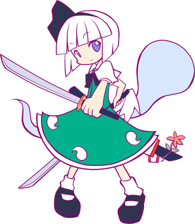 dorua (dollar), konpaku youmu, konpaku youmu (ghost), puyopuyo, puyopuyo fever, sega, touhou, lowres, 1girl, blue eyes, blunt bangs, bow, female focus, flower, ghost, hair ribbon, hitodama, katana, mary janes, parody, ribbon, shoes, short hair, skirt, socks, solo, style parody, sword, weapon, white hair