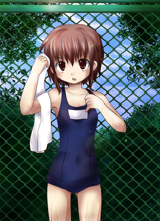 dorua (dollar), original, brown eyes, brown hair, fence, looking up, one-piece swimsuit, open mouth, school swimsuit, short hair, sky, solo, standing, swimsuit, towel, tree, water, wet