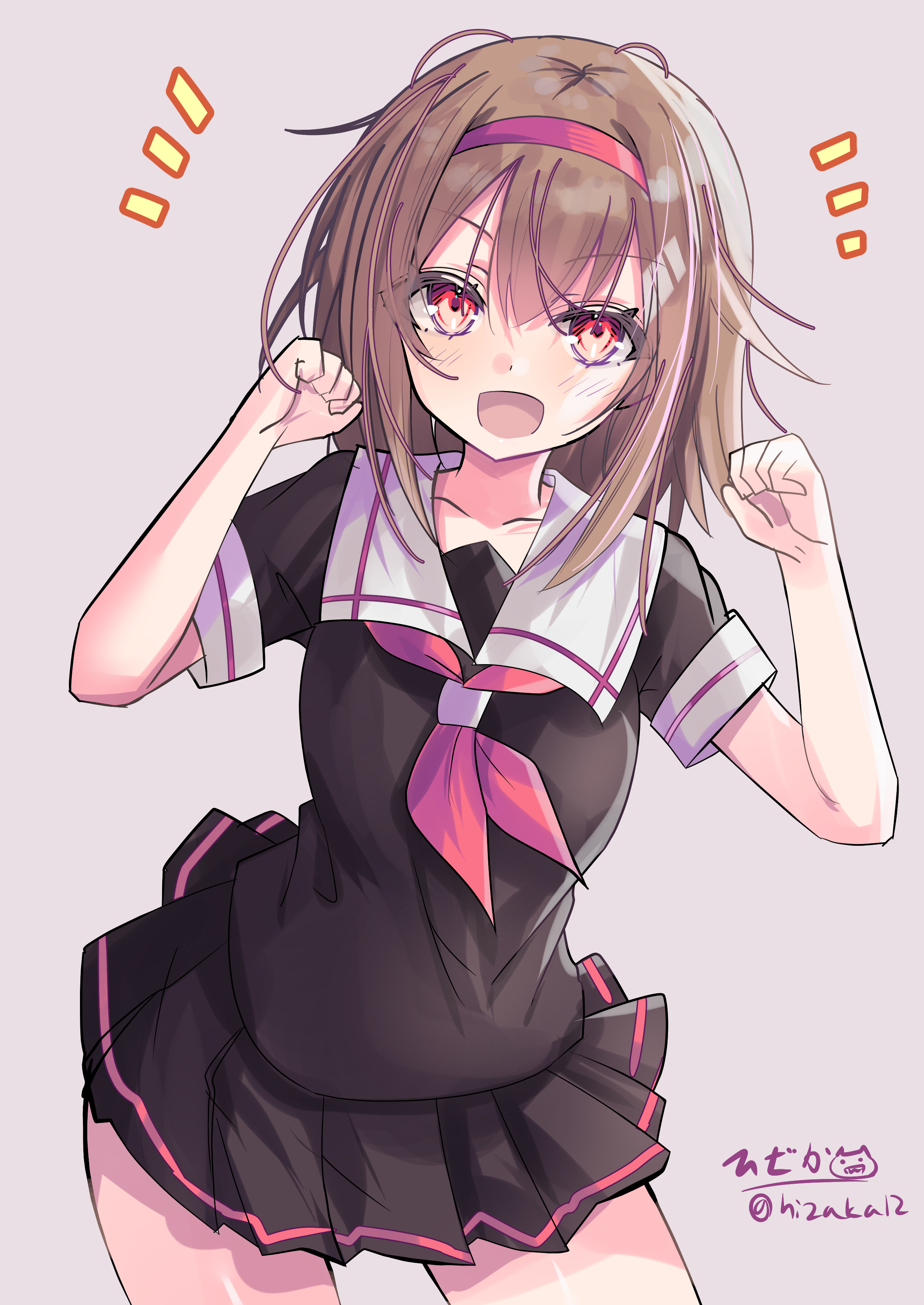 hizaka, shiratsuyu (kancolle), kantai collection, absurdres, highres, 1girl, black serafuku, blush, brown eyes, brown hair, grey background, hair ornament, hairband, long hair, looking at viewer, neckerchief, one-hour drawing challenge, open mouth, red hairband, ribbon, school uniform, serafuku, signature, smile, twitter username, upper body
