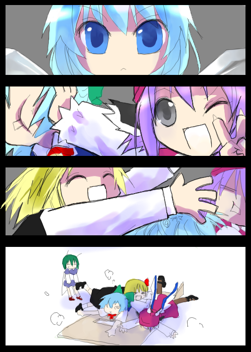 asahina, cirno, mystia lorelei, rumia, wriggle nightbug, touhou, 4girls, antennae, blonde hair, blue eyes, blue hair, bow, female focus, green hair, grey eyes, hair bow, multiple girls, red eyes, team 9 (touhou), wings