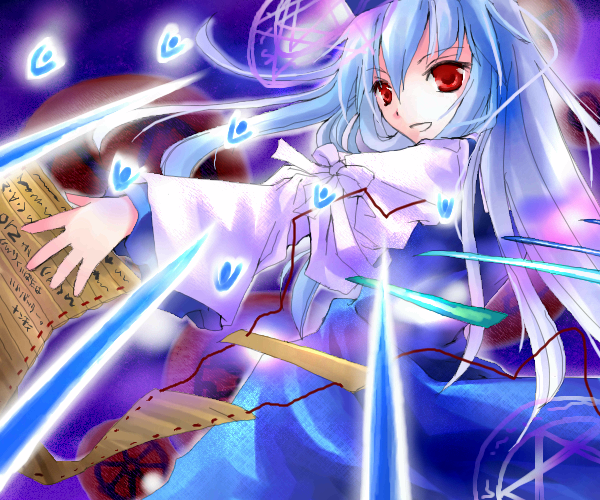 asahina, kamishirasawa keine, touhou, 1girl, :d, blue dress, blue hair, danmaku, dress, female focus, glowing, long hair, long sleeves, looking back, magic, magic circle, open mouth, outstretched arm, red eyes, smile, solo, upper body, very long hair