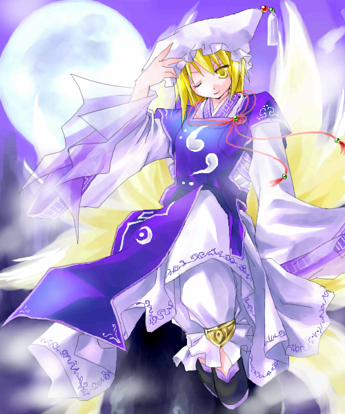 asahina, yakumo ran, touhou, 1girl, alternate costume, animal hat, blonde hair, female focus, hat, long sleeves, mob cap, moon, multiple tails, one eye closed, shoes, solo, tabard, tail, white hat, wide sleeves, yellow eyes