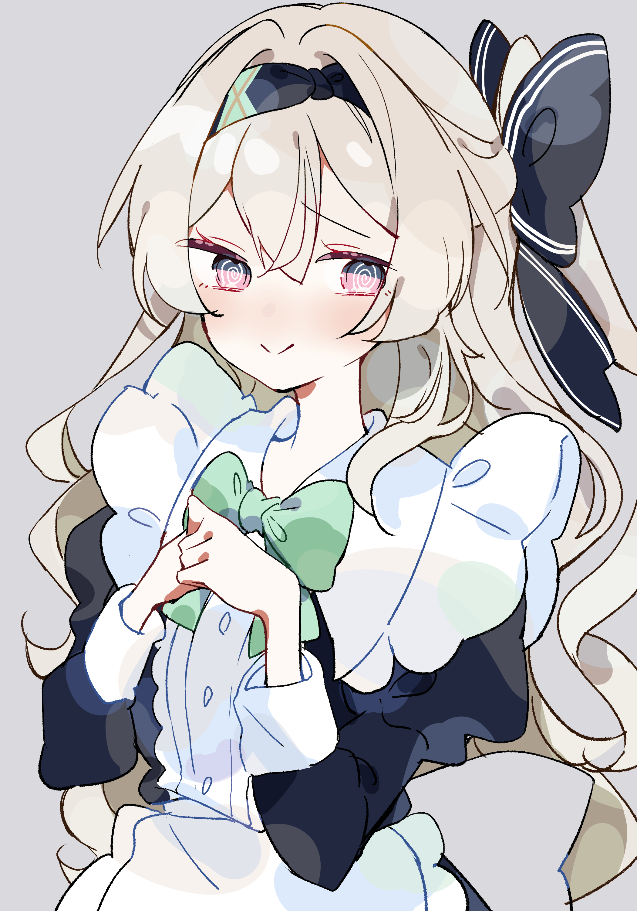 comorebi, firefly (honkai: star rail), honkai: star rail, honkai (series), absurdres, highres, 1girl, @ @, alternate costume, apron, back bow, black bow, black dress, black hairband, black ribbon, blush, bow, bowtie, closed mouth, crossed bangs, dress, enmaided, frilled apron, frills, green bow, green bowtie, grey background, grey hair, hair between eyes, hair bow, hair intakes, hair ribbon, hairband, juliet sleeves, long hair, long sleeves, looking at viewer, maid, maid apron, one side up, own hands together, pink eyes, puffy sleeves, raised eyebrows, ribbon, sidelocks, simple background, sleeve cuffs, smile, solo, upper body, white apron, white bow