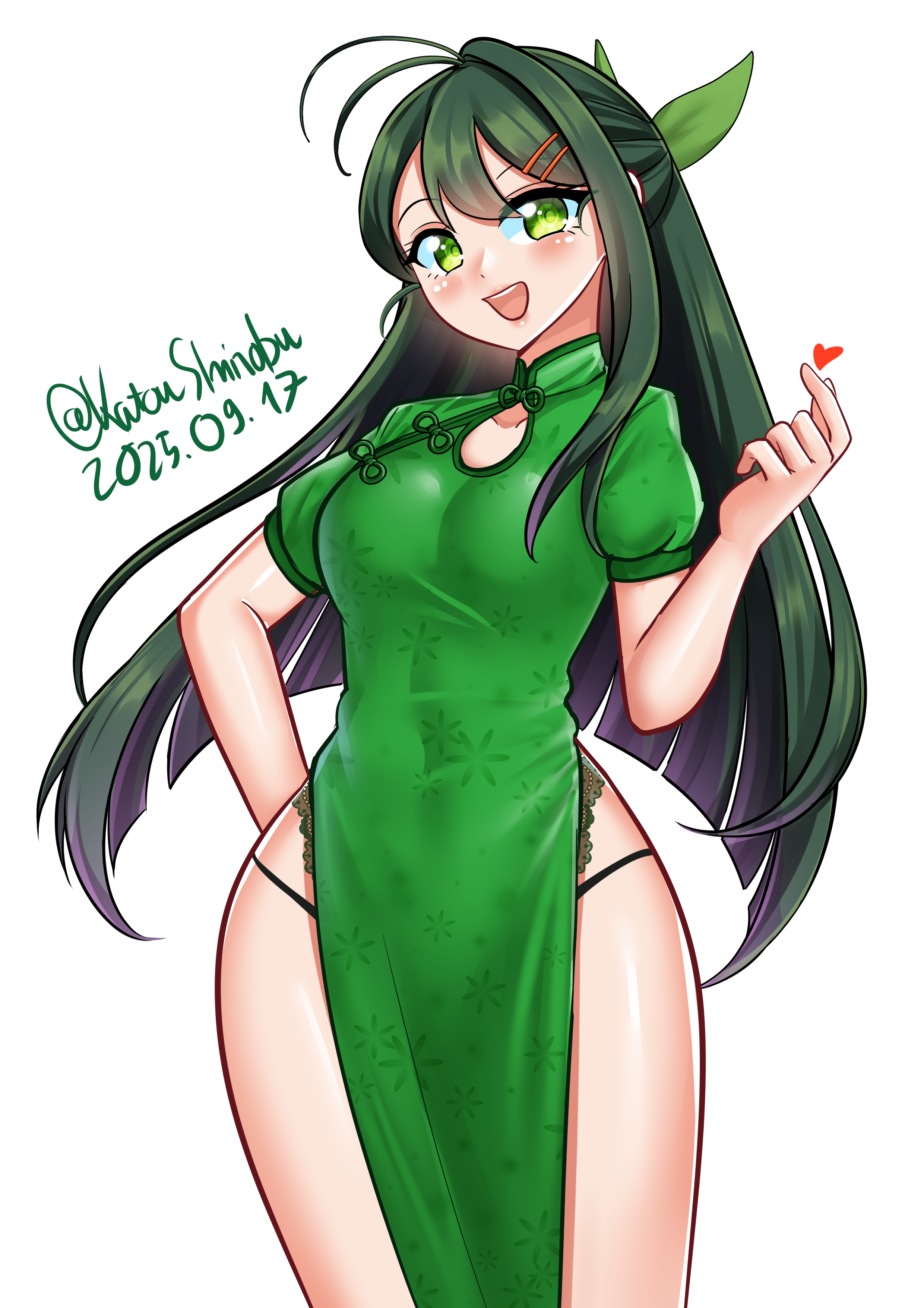 katou shinobu, sugi (kancolle), kantai collection, absurdres, commentary, english commentary, highres, 1girl, ahoge, alternate costume, antenna hair, black panties, blush, breasts, china dress, chinese clothes, covered navel, cowboy shot, dated, dress, green dress, green eyes, green hair, green ribbon, hair ribbon, hand on own hip, heart, huge ahoge, long hair, looking at viewer, one-hour drawing challenge, open mouth, panties, pelvic curtain, ribbon, simple background, smile, solo, twitter username, underwear, white background