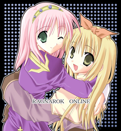 acolyte (ragnarok online), priest (ragnarok online), ragnarok online, lowres, 2girls, ;), blonde hair, blush, dress, emblem, green eyes, hairband, hug, long hair, multiple girls, one eye closed, pink hair, polka dot, polka dot background, priest, purple dress, side ponytail, smile, upper body, yuri