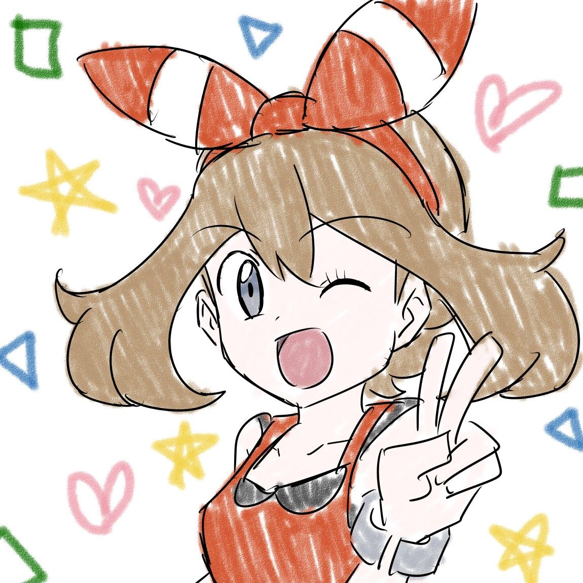 may (pokemon), nintendo, pokemon, pokemon oras, artist request, non-web source, source request, 1girl, bow, brown hair, grey eyes, heart, looking at viewer, one eye closed, open mouth, red bow, red shirt, shirt, star (symbol)
