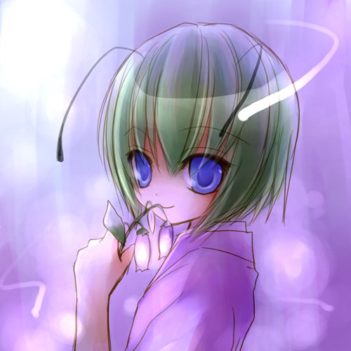 asahina, wriggle nightbug, touhou, lowres, 1girl, antennae, blue hair, bug, female focus, fireflies, firefly, flower, green hair, solo