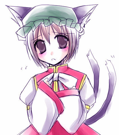 asahina, chen, touhou, lowres, 1girl, animal ears, cat ears, cat girl, female focus, hat, simple background, solo, white background
