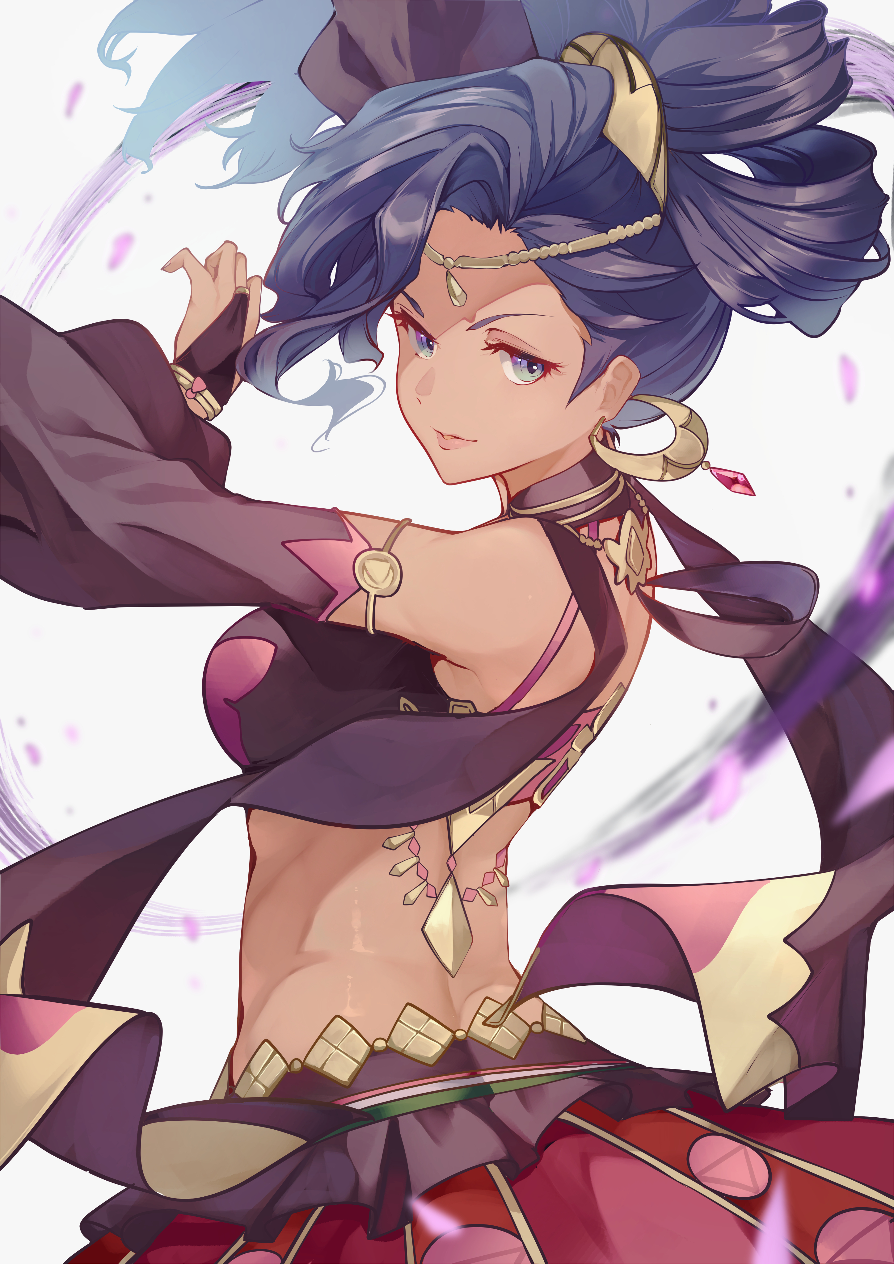 risumi (taka-fallcherryblossom), leda (fire emblem), fire emblem, fire emblem: fortune's weave, nintendo, absurdres, commentary request, highres, 1girl, back, bare shoulders, blue eyes, blue hair, breasts, bridal gauntlets, butt crack, circlet, closed mouth, crescent, crescent earrings, crop top, dancer, dancing, dark-skinned female, dark skin, detached sleeves, earrings, from behind, gold choker, gold earrings, harem outfit, high ponytail, jewelry, looking at viewer, medium breasts, ponytail, red skirt, skirt, smile, solo, upper body