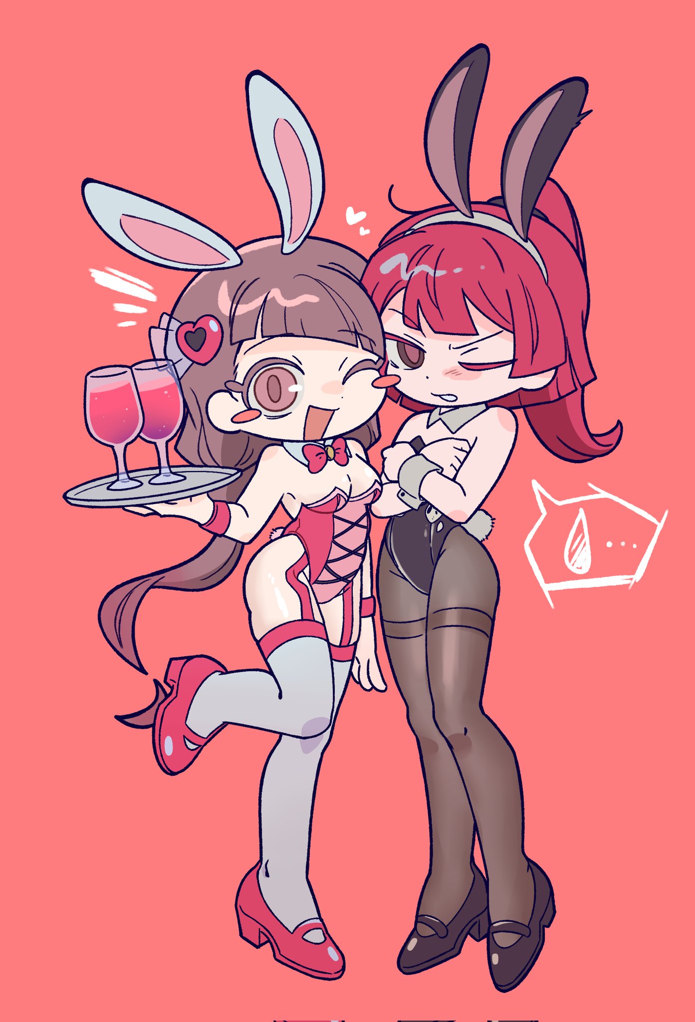 uuu (gyojamandu), employee (project moon), nugget (project moon), lobotomy corporation, project moon, highres, 2girls, alternate costume, animal ear hairband, animal ears, black leotard, black pantyhose, black shoes, blush stickers, bow, bowtie, breasts, brown eyes, brown hair, cleavage, deformed, detached collar, e.g.o (project moon), fake animal ears, full body, hair ornament, hairband, heart, heart hair ornament, holding, holding tray, in the name of love and hate (e.g.o), leotard, long hair, looking at viewer, multiple girls, one eye closed, open mouth, pantyhose, pink bow, pink bowtie, pink eyes, pink garter straps, pink leotard, pink shoes, playboy bunny, rabbit ear hairband, rabbit ears, rabbit tail, red background, red hair, shoes, simple background, spoken sweatdrop, standing, sweatdrop, tail, thighhighs, tray, white thighhighs, wrist cuffs