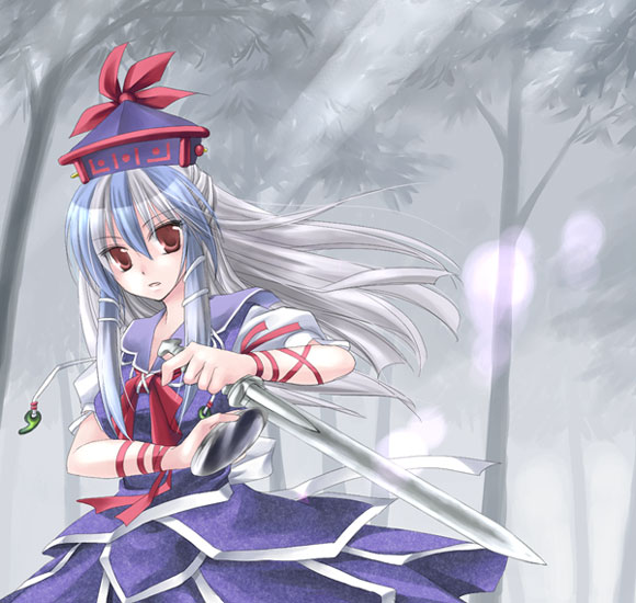 asahina, kamishirasawa keine, touhou, 1girl, female focus, hat, multicolored hair, ribbon, solo, sword, weapon