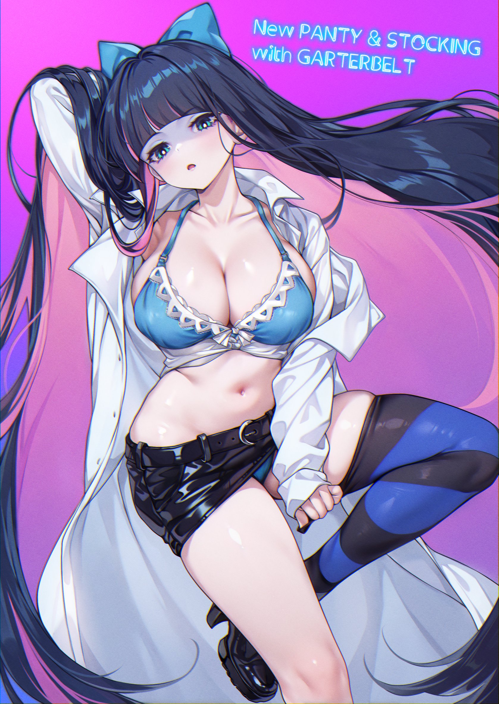 shashaki, stocking (psg), panty & stocking with garterbelt, commentary, highres, 1girl, arm behind head, black hair, black shoes, black skirt, blue bow, blue bra, blue eyes, blue panties, blue thighhighs, blunt bangs, bow, bra, breasts, bright pupils, cleavage, coat, collarbone, colored inner hair, copyright name, foot out of frame, hair bow, horizontal-striped thighhighs, large breasts, long hair, long sleeves, looking at viewer, miniskirt, multicolored hair, navel, open clothes, open coat, panties, parted lips, pink background, pink hair, shoes, single thighhigh, skirt, solo, thighhighs, underwear, very long hair, white coat, white pupils