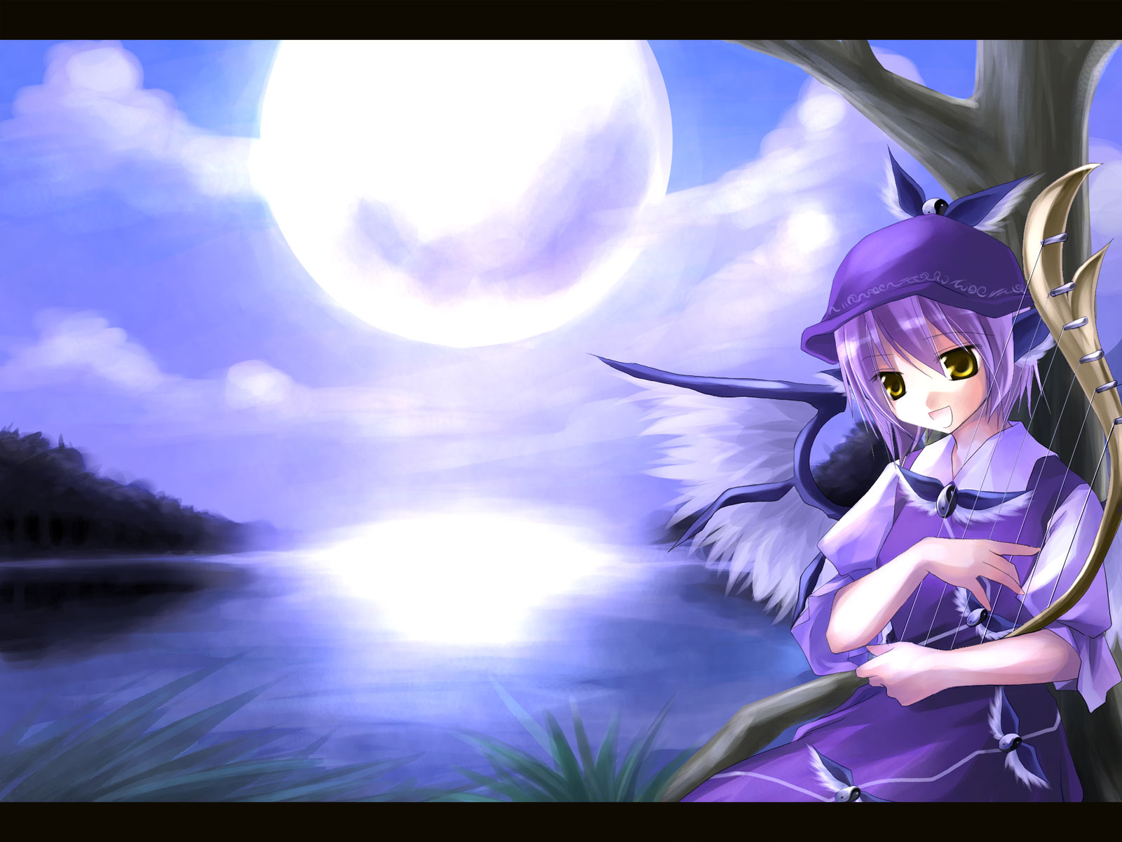 asahina, mystia lorelei, touhou, highres, 1girl, animal ears, dress, female focus, full moon, grass, harp, hat, instrument, lake, letterboxed, moon, moonlight, open mouth, purple hair, reflection, short hair, solo, tree, wings, yellow eyes
