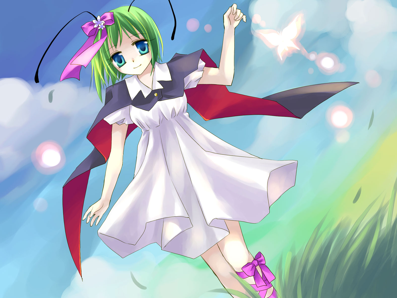 asahina, princess wriggle, wriggle nightbug, touhou, highres, 1girl, antennae, blue eyes, bug, butterfly, cape, dress, female focus, green hair, hair ribbon, ribbon, solo