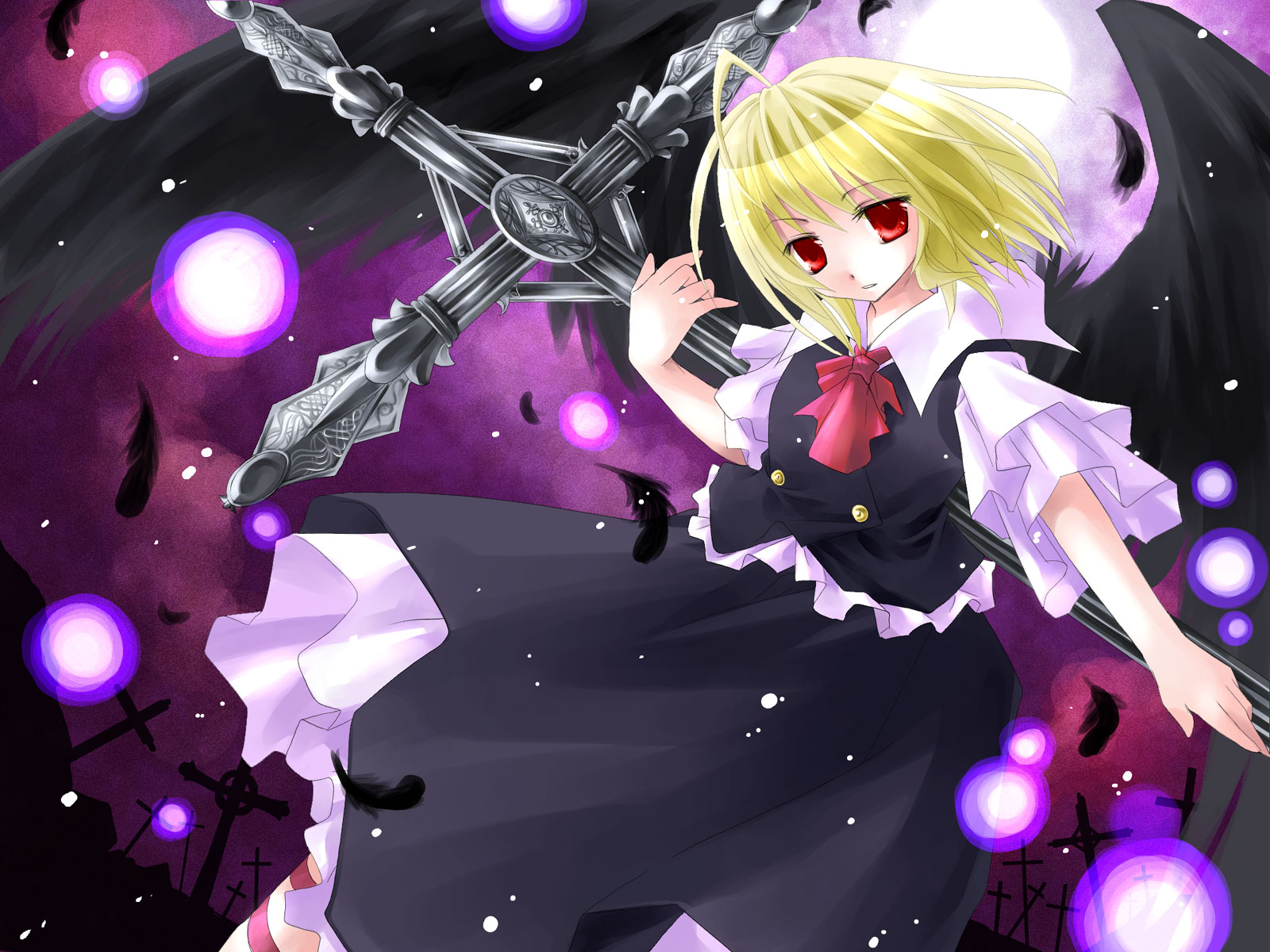 asahina, ex-rumia, rumia, embodiment of scarlet devil, touhou, highres, 1girl, black wings, blonde hair, cross, feathers, female focus, latin cross, necktie, red eyes, short hair, solo, wings