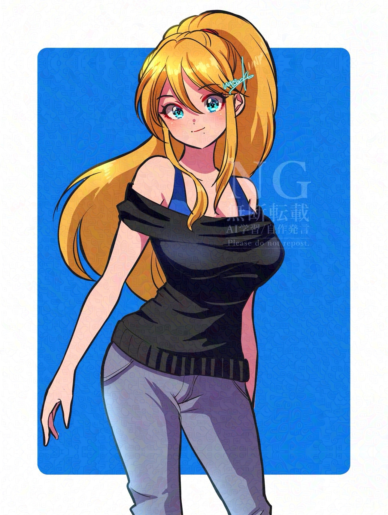 nonoworks, samus aran, metroid, nintendo, commentary, english commentary, highres, 1girl, alternate costume, black sweater, blonde hair, blue background, blue eyes, blue tank top, border, breasts, closed mouth, cowboy shot, denim, double-parted bangs, grey pants, hair between eyes, jeans, large breasts, light smile, long hair, off-shoulder sweater, off shoulder, pants, ponytail, rounded corners, signature, simple background, sleeveless, sleeveless sweater, solo, split mouth, sweater, tank top, watermark, white border