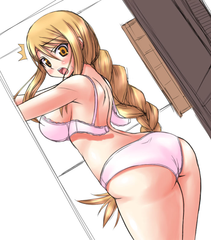 morimoto kiyona, agrias oaks, final fantasy, final fantasy tactics, 1girl, ass, blonde hair, blush, bra, braid, braided ponytail, curvy, female focus, lingerie, long hair, panties, single braid, solo, underwear, underwear only, yellow eyes