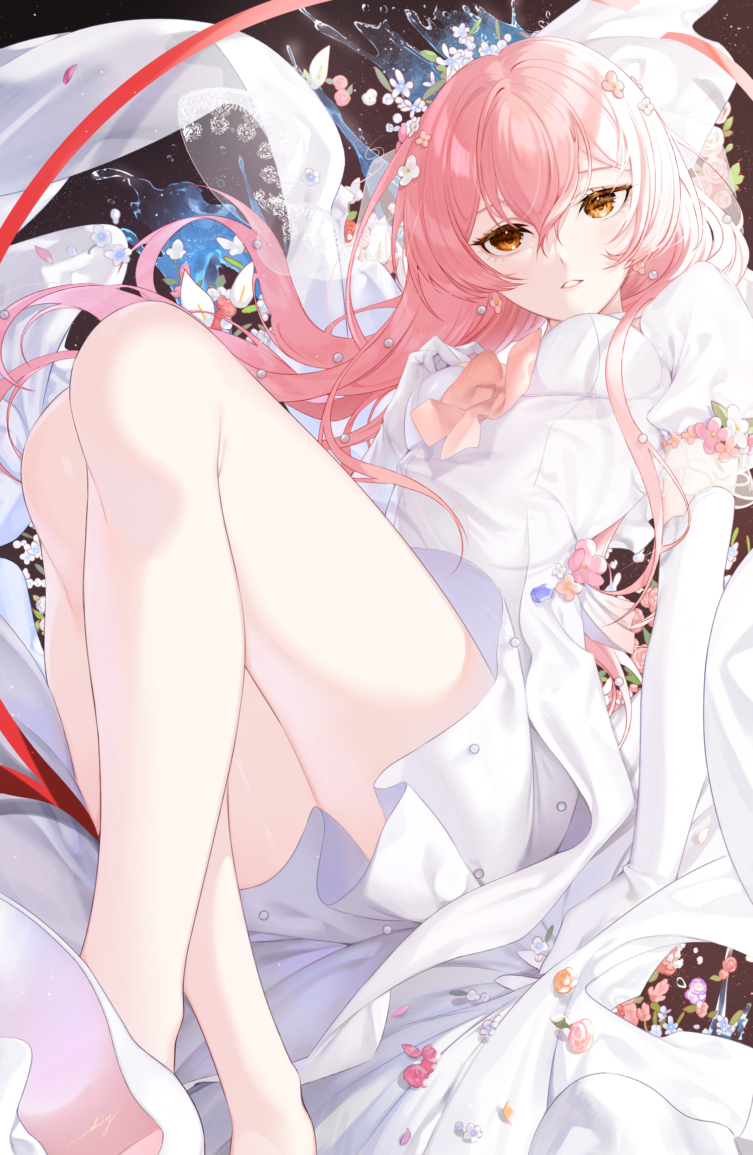 koyo akio, jougasaki mika, idolmaster, idolmaster cinderella girls, idolmaster cinderella girls starlight stage, highres, dress, elbow gloves, gloves, open mouth, pink hair, thighs, wedding dress, white dress, white gloves