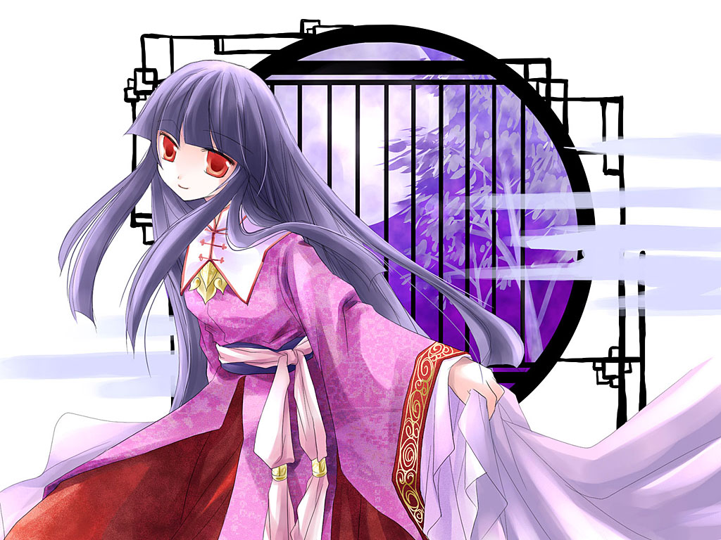 asahina, houraisan kaguya, touhou, 1girl, black hair, blunt bangs, cloud, collar, cowboy shot, female focus, full moon, indoors, japanese clothes, kimono, long sleeves, moon, night, night sky, red eyes, red skirt, sash, sidelocks, skirt, sky, solo, wide sleeves, window