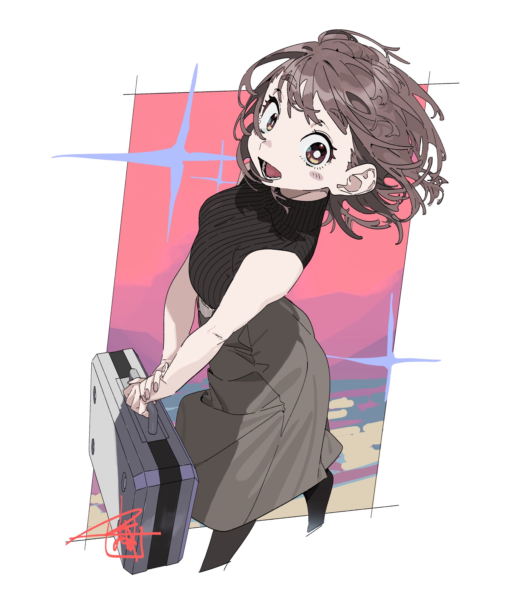 machi (wm), original, highres, 1girl, belt, black pantyhose, briefcase, bright pupils, brown eyes, brown hair, cropped legs, floating hair, grey skirt, hand on own wrist, high-waist skirt, looking at viewer, lower teeth only, medium skirt, open mouth, pantyhose, ribbed shirt, shirt, signature, skirt, sleeveless, solo, sparkle, teeth, white pupils