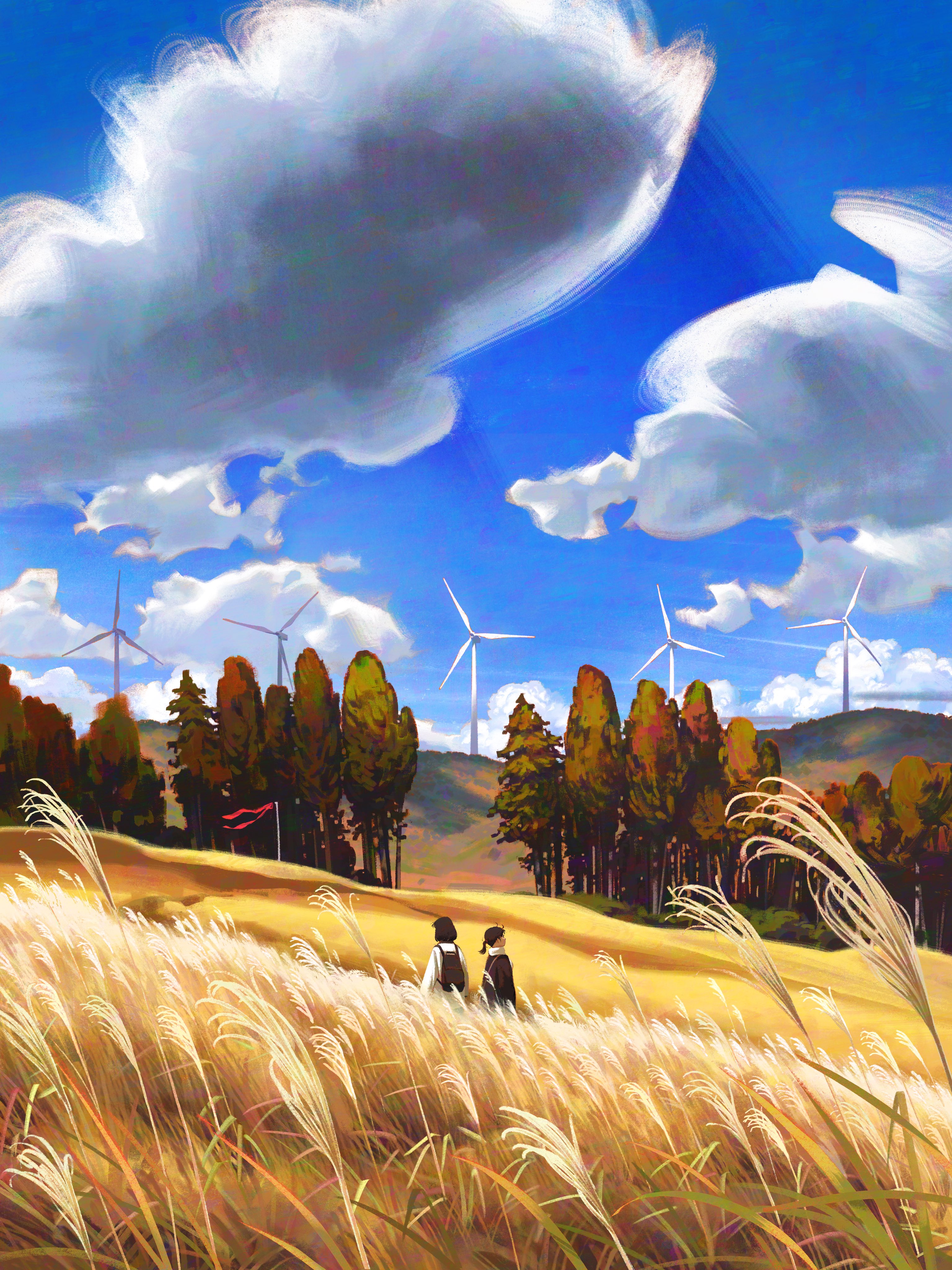 bysau, original, absurdres, commentary, english commentary, highres, 2girls, backpack, bag, black bag, black hair, blue sky, cloud, cloudy sky, cumulonimbus cloud, day, grass, hill, landscape, multiple girls, outdoors, ponytail, scenery, sky, tall grass, tree, wide shot, wind turbine, windmill