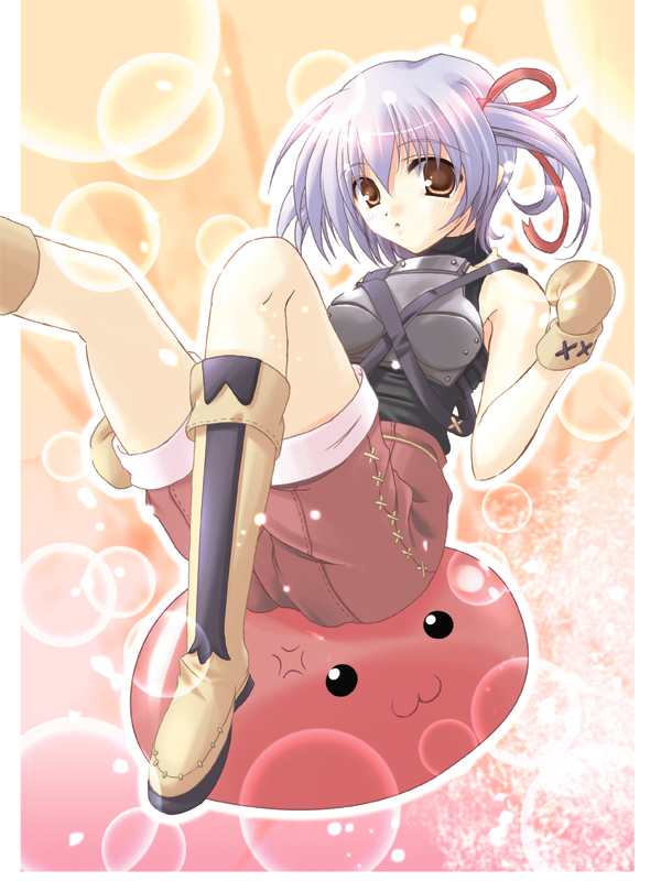 novice (ragnarok online), poring, ragnarok online, light purple hair, 1girl, :3, blue hair, boots, breasts, brown boots, brown eyes, creature, female focus, full body, knee boots, large breasts, looking at viewer, mittens, short hair, sitting, slime (creature), solo, yellow boots, yellow mittens