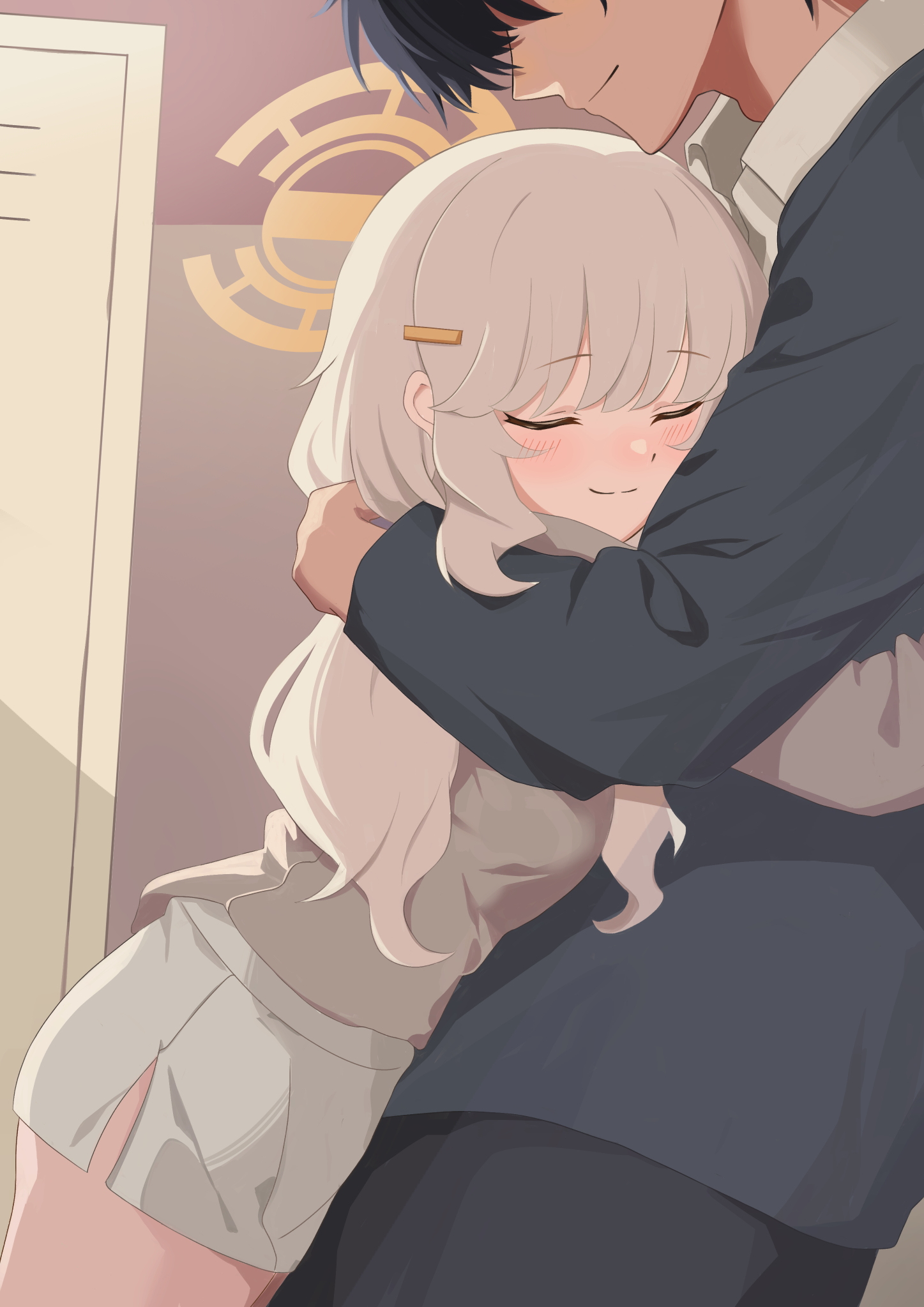 aoba (blue archive), sensei (blue archive), blue archive, highres, 1boy, 1girl, arms around waist, black hair, blush, closed eyes, collared shirt, hair ornament, hairclip, halo, height difference, hug, ikurasand, jacket, locker, long hair, shirt, skirt, smile, white hair, white skirt, yellow halo