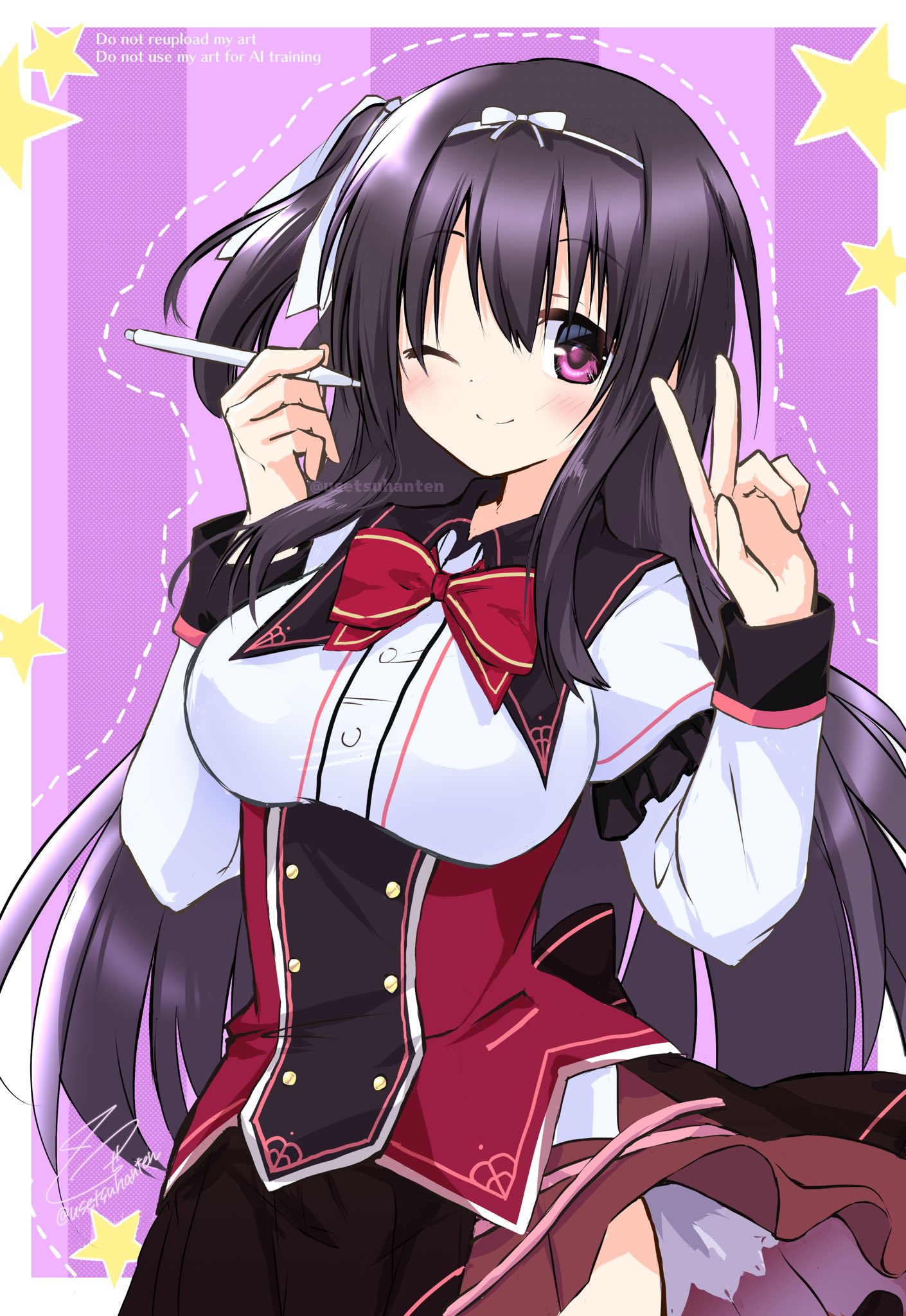 usetsusakon2, rokuonji kaoruko, wagamama high spec, commentary, highres, 1girl, ;), black hair, black skirt, border, bow, bowtie, breasts, buttons, closed mouth, corset, cowboy shot, frilled sleeves, frills, hair ribbon, hands up, happy, holding, holding pen, large breasts, long hair, long sleeves, looking at viewer, miniskirt, one eye closed, one side up, outside border, pen, pleated skirt, purple background, purple eyes, red bow, red bowtie, red corset, ribbon, school uniform, shirt, signature, simple background, skirt, smile, solo, split mouth, star (symbol), straight hair, tareme, twitter username, v, very long hair, white border, white ribbon, white shirt
