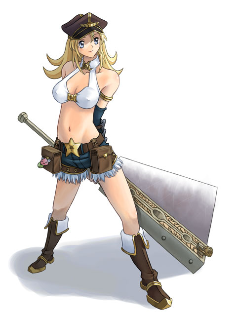 whitesmith (ragnarok online), ragnarok online, 1girl, bare shoulders, blonde hair, blue eyes, boots, breasts, female focus, hat, large breasts, solo, weapon