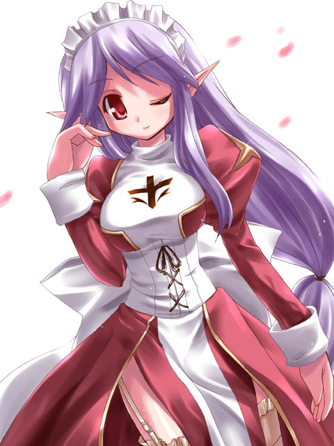 high priest (ragnarok online), ragnarok online, tagme, 1girl, female focus, pointy ears, purple hair, solo