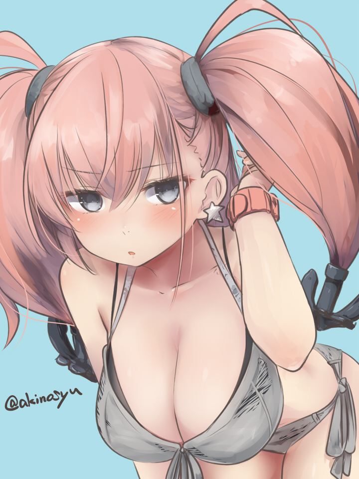 akino shuu, atlanta (kancolle), kantai collection, 1girl, bikini, blue background, breasts, brown hair, cleavage, earrings, grey eyes, jewelry, large breasts, long hair, solo, star (symbol), star earrings, swimsuit, twitter username, two side up