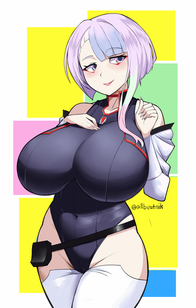 allbeatnik, lucy (cyberpunk), cyberpunk: edgerunners, cyberpunk (series), 1girl, breasts, covered navel, curvy, detached sleeves, female focus, huge breasts, leotard, multicolored hair, purple eyes, short hair, solo, thick thighs, thighhighs, thighs, wide hips