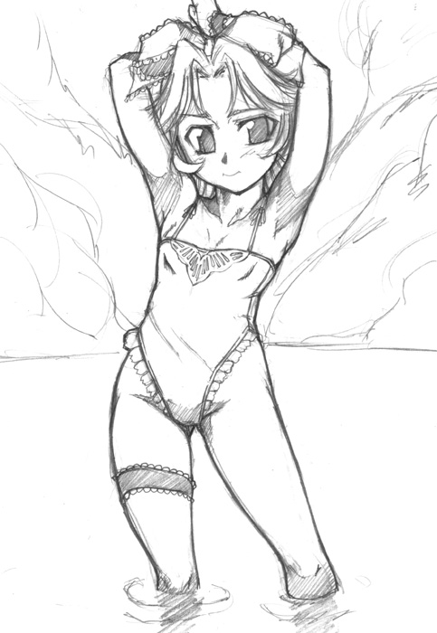 latune subbota, banpresto, super robot wars, super robot wars original generation, 1girl, armpits, arms behind head, arms up, blush, bow, casual one-piece swimsuit, embarrassed, female focus, flat chest, frills, greyscale, hair bow, highleg, highleg one-piece swimsuit, looking at viewer, monochrome, one-piece swimsuit, outdoors, parted bangs, short hair, sketch, smile, solo, standing, swimsuit, thigh strap, thighs, wading, water