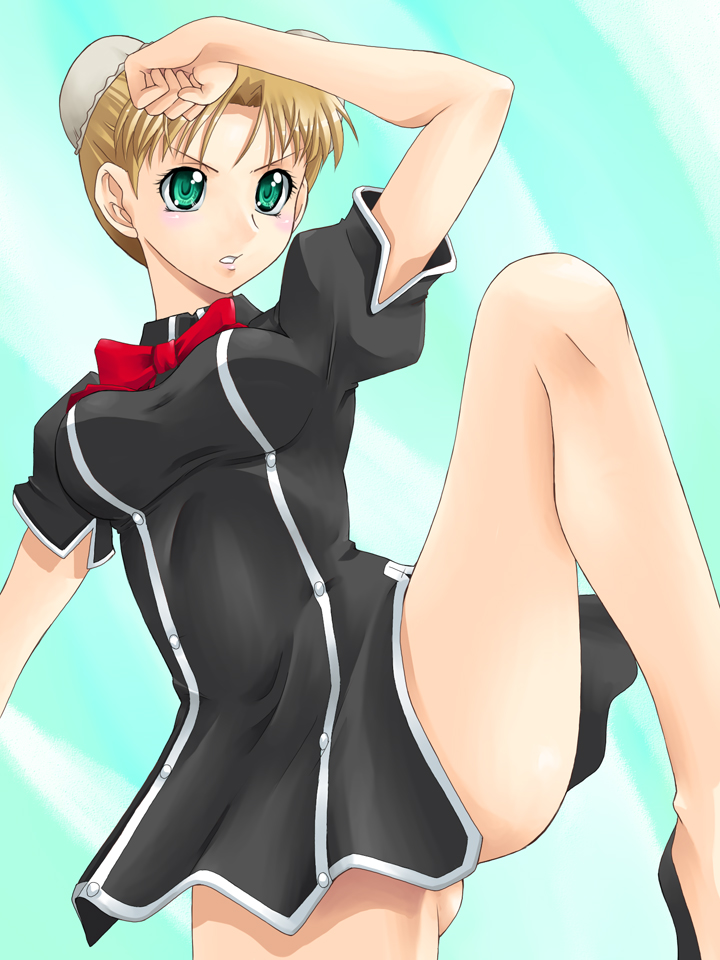 yaso shigeru, yang yang, quiz magic academy, 1girl, ass, bare legs, black dress, blush, bow, bowtie, bun cover, clenched teeth, dress, female focus, fighting stance, green eyes, high heels, leg up, parted lips, pumps, red bow, red bowtie, short hair, short sleeves, solo, teeth, thighs