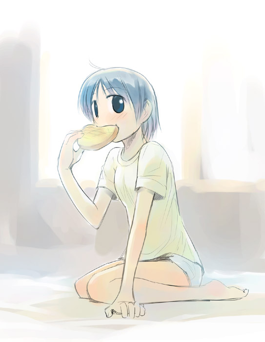 ikeda jun (mizutamari), original, 1girl, barefoot, black eyes, blue eyes, blue hair, casual, eating, feet, female focus, kneeling, looking at viewer, matching hair/eyes, shirt, short hair, shorts, solo, t-shirt, toes, window