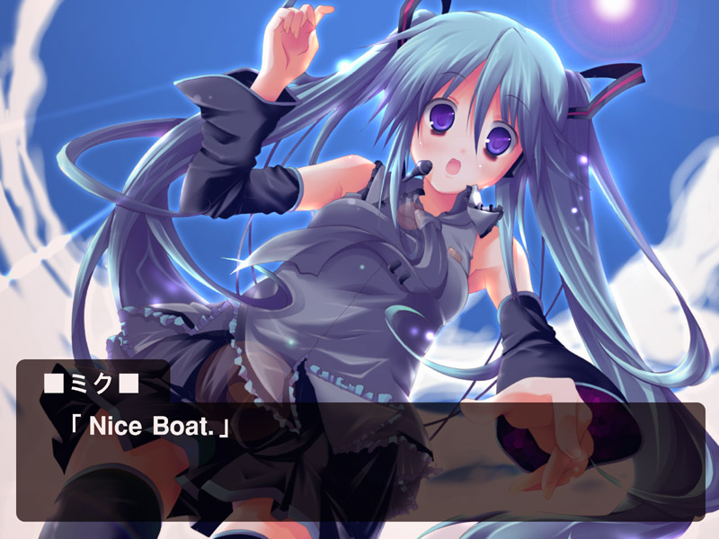 utsurogi angu, hatsune miku, vocaloid, 1girl, aqua hair, bags under eyes, black thighhighs, blouse, blue hair, collared shirt, day, detached sleeves, fake screenshot, female focus, frilled shirt, frills, from below, grey necktie, grey shirt, hair between eyes, hair tie, long hair, looking down, meme, microphone, necktie, nice boat (meme), open mouth, outdoors, purple eyes, shirt, short twintails, skirt, sky, sleeveless, sleeveless shirt, solo, surprised, thighhighs, twintails, very long hair