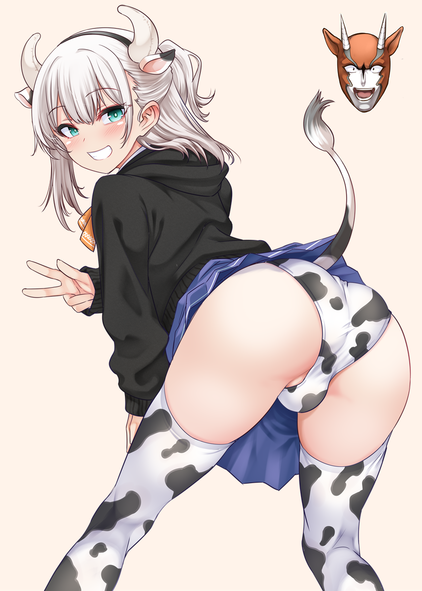 nanamatsu kenji, original, highres, 1boy, animal ears, animal print, ass, bell, blue skirt, bulge, cow ears, cow horns, cow print, cow tail, crossdressing, hood, horns, male focus, panties, skirt, smile, tail, thighhighs, trap, underwear