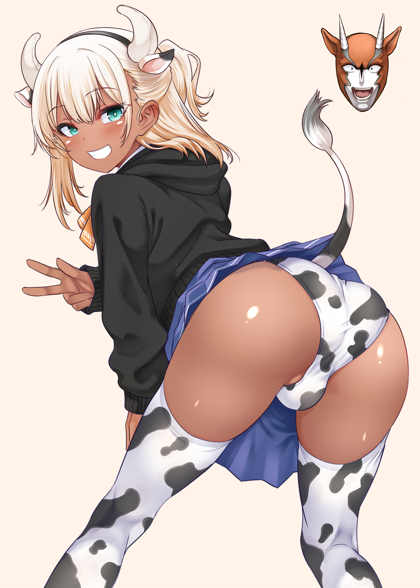 nanamatsu kenji, original, highres, 1boy, animal ears, animal print, ass, blonde hair, bulge, cow ears, cow horns, cow print, cow tail, crossdressing, dark-skinned male, dark skin, hood, horns, male focus, panties, skirt, smile, tail, thighhighs, trap, underwear
