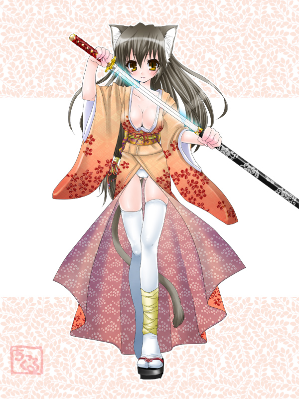chikkuru, original, platform footwear, traditional clothes, 1girl, animal ears, artist name, black hair, blush, breasts, cat ears, cat girl, cat tail, cleavage, female focus, floral background, geta, japanese clothes, katana, kimono, long hair, looking at viewer, low-tied long hair, panties, sandals, sheath, simple background, slit pupils, solo, standing, sword, tail, thigh gap, thighhighs, underwear, very long hair, weapon, white panties, white thighhighs, wide sleeves, yellow eyes