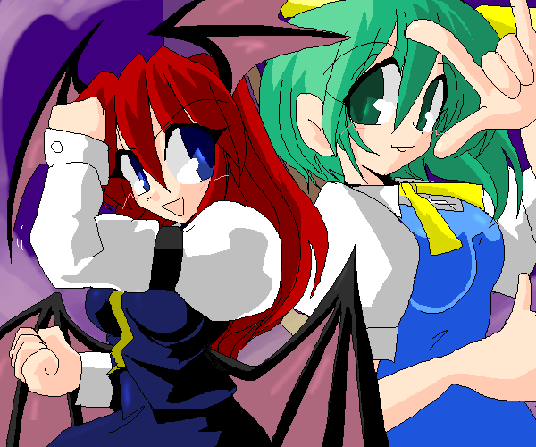 kieyza, daiyousei, koakuma, embodiment of scarlet devil, touhou, 2girls, ascot, bad anatomy, bat wings, female focus, green eyes, green hair, hair ribbon, head wings, juliet sleeves, long sleeves, multiple girls, poorly drawn, puffy short sleeves, puffy sleeves, red hair, ribbon, short sleeves, skirt, skirt set, upper body, vest, wings