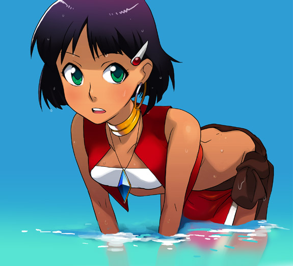 saitou yahu, nadia la arwall, fushigi no umi no nadia, bad id, bad pixiv id, 1990s (style), 1girl, back, bandeau, bare shoulders, bent over, bob cut, butt crack, earrings, female focus, green eyes, hair ornament, hairclip, jewelry, loincloth, neck ring, necklace, pelvic curtain, purple hair, retro artstyle, short hair, solo, strapless, tube top, vest, wading, water