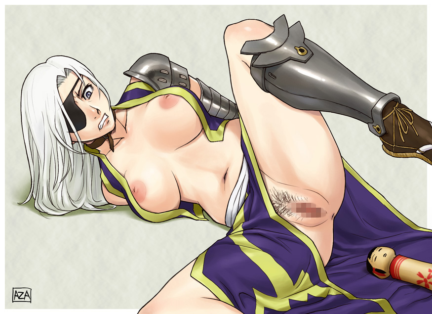 azasuke, kisarabi, rappi rangai, 1girl, anus, armor, arms behind back, bdsm, blue eyes, bondage, bound, breasts, breasts apart, censored, clenched teeth, collar, crop top, dildo, eyepatch, female focus, female pubic hair, greaves, imminent rape, inverted nipples, kokeshi, large breasts, leg up, long hair, lying, mosaic censoring, navel, nipples, no bra, no panties, on side, open clothes, open shirt, pauldrons, pubic hair, sandals, sash, scared, sex toy, shadow, shirt, shoulder armor, signature, simple background, skirt, solo, spread legs, teeth, white hair, wide hips