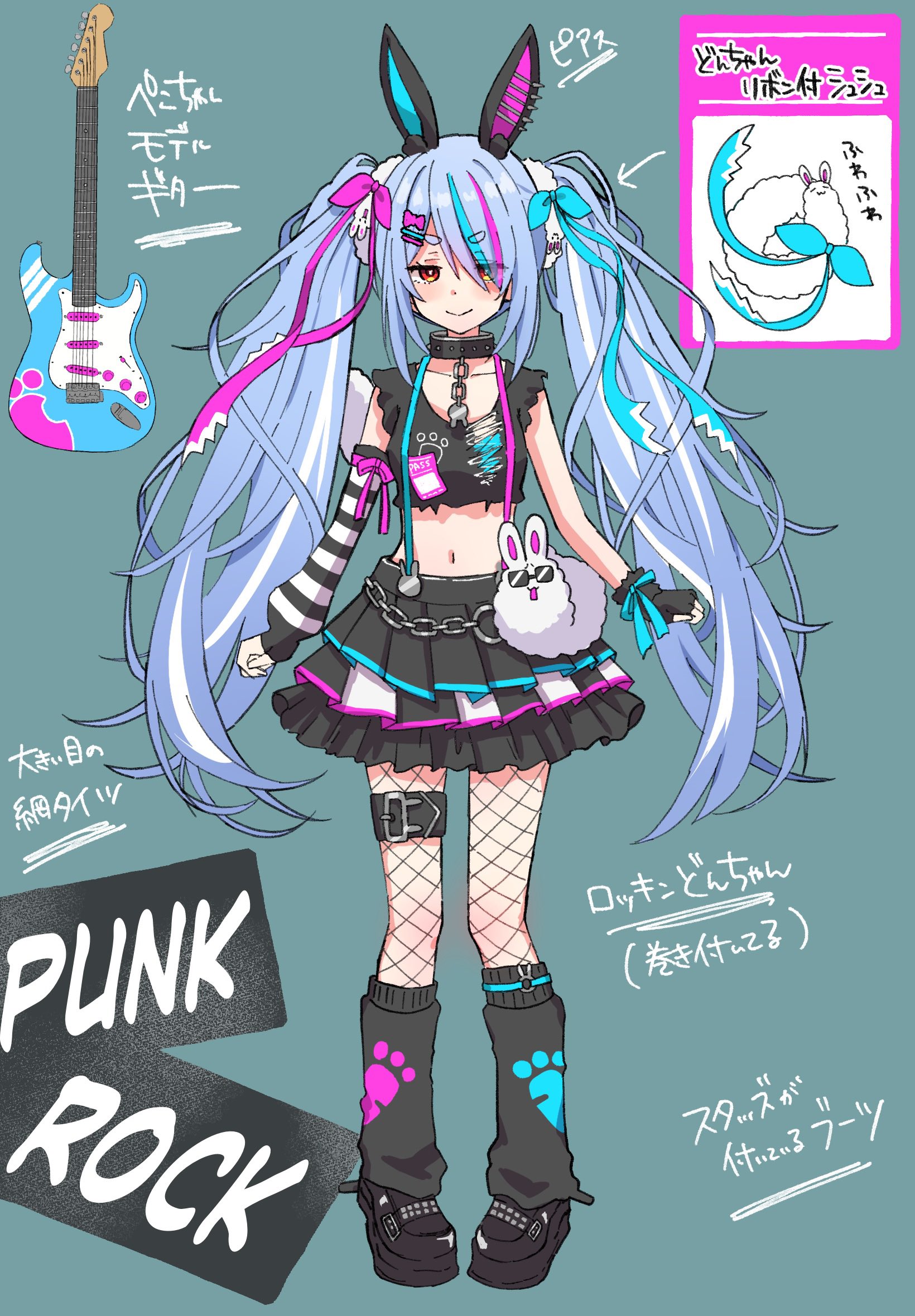 kiritoma, don-chan (usada pekora), usada pekora, hololive, commentary request, highres, translation request, >:), 1girl, animal ears, black gloves, black shoes, black skirt, black socks, blue hair, closed mouth, collar, collarbone, crop top, electric guitar, english text, eyes visible through hair, fingerless gloves, fishnet pantyhose, fishnets, full body, gloves, grey background, guitar, hair ornament, hair over one eye, hairclip, instrument, kneehighs, long hair, loose socks, metal collar, multicolored hair, navel, pantyhose, pleated skirt, purple hair, rabbit-shaped pupils, rabbit ears, red eyes, shoes, short eyebrows, simple background, single glove, skirt, smile, socks, solo, standing, streaked hair, symbol-shaped pupils, thick eyebrows, v-shaped eyebrows, very long hair, white hair