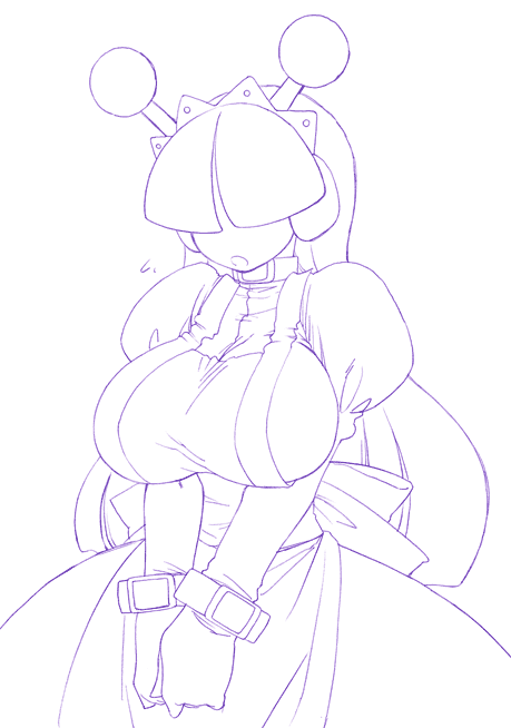 fuyube rion, tesse, waku waku 7, 1girl, alternate breast size (larger), apron, breasts, collar, dress, female focus, hair over eyes, huge breasts, long hair, maid, maid apron, maid headdress, monochrome, purple theme, robot ears, solo, taut clothes, taut dress