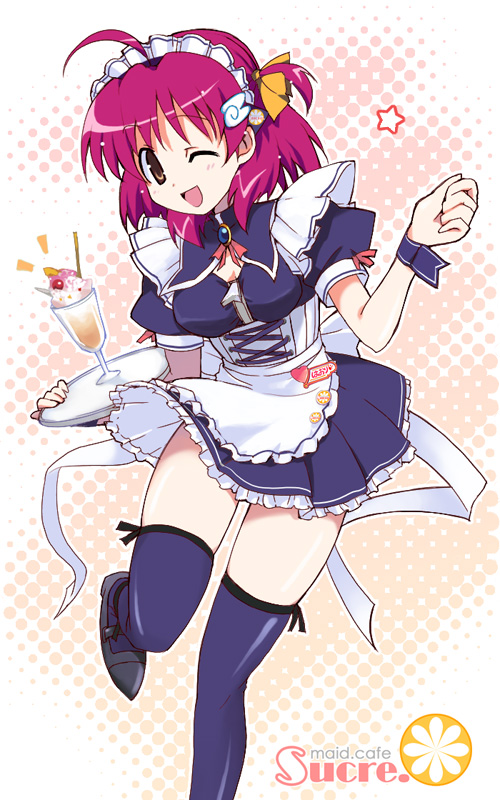 yamai (lsd), midou haori, sweet!, 1girl, ahoge, brown eyes, female focus, maid, maid headdress, one eye closed, pink hair, solo, thighhighs, waitress, wink, zettai ryouiki