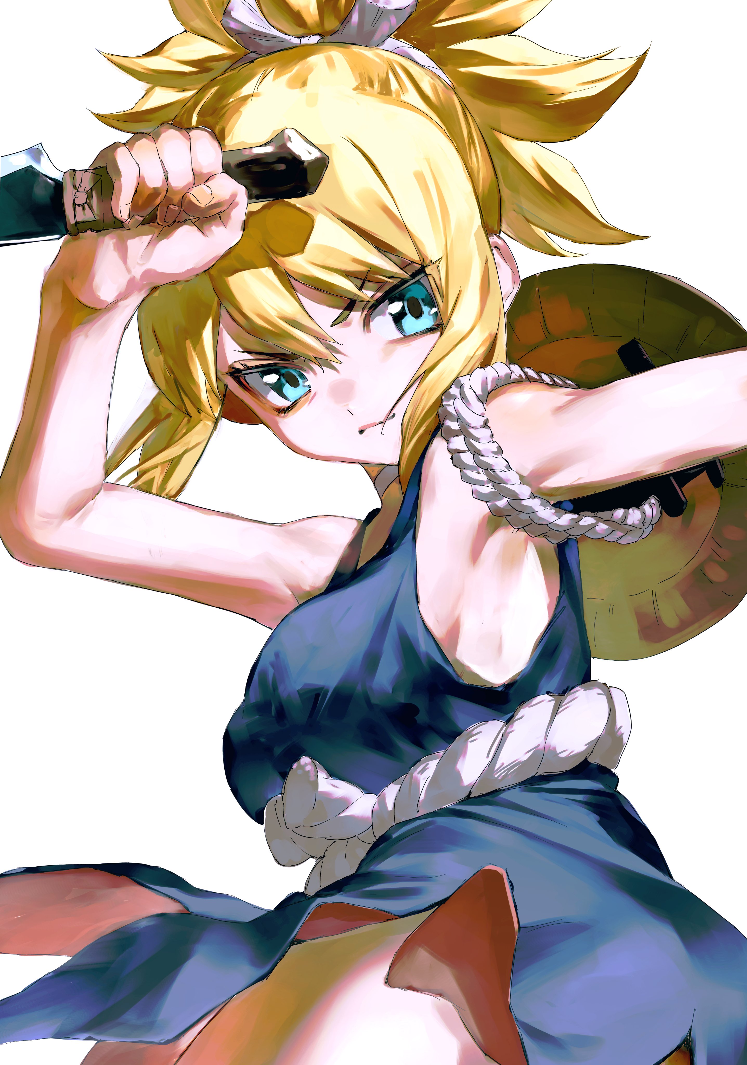 333takoyaki, kohaku (dr. stone), dr. stone, absurdres, highres, 1girl, blonde hair, blue dress, blue eyes, choker, dress, fundoshi, holding, holding knife, japanese clothes, knife, ponytail, rope, rope belt, sleeveless, sleeveless dress, spiked hair, split ponytail, tall hair, white choker